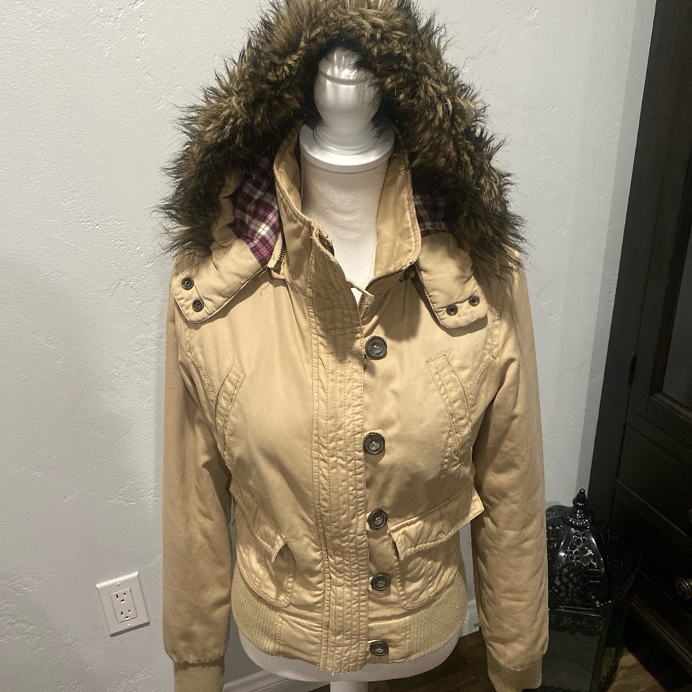 Aeropostale Beige Utility Jacket with Faux Fur Hood